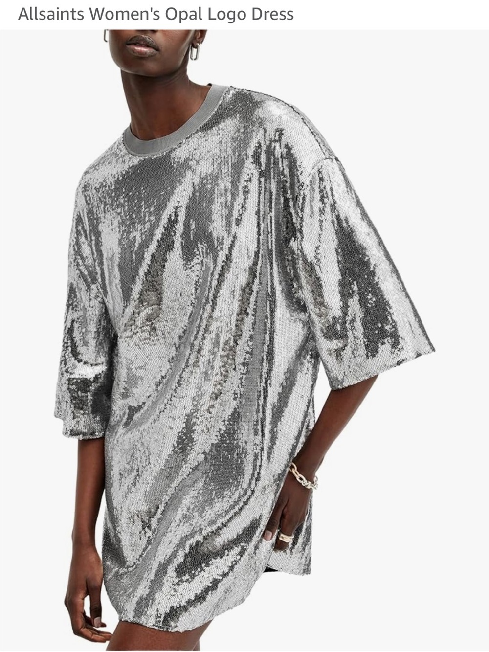 Like new All Saints Allsaints Opal Silver Sequin Logo Dress M $199! - Picture 3 of 8